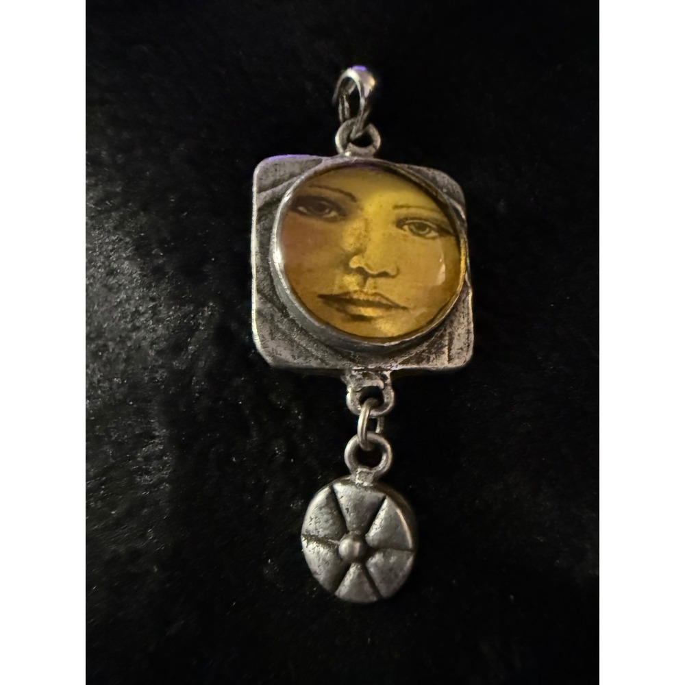 Laurie Leonard Artisan Face Pendant Yellow Cabochon Mixed Media Pewter Tone